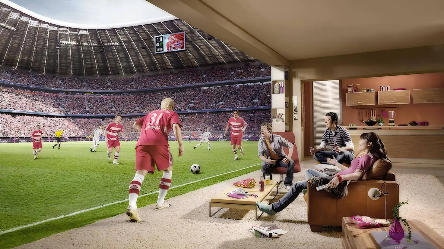 Live football on a big living room TV streamed from a Fire TV Stick