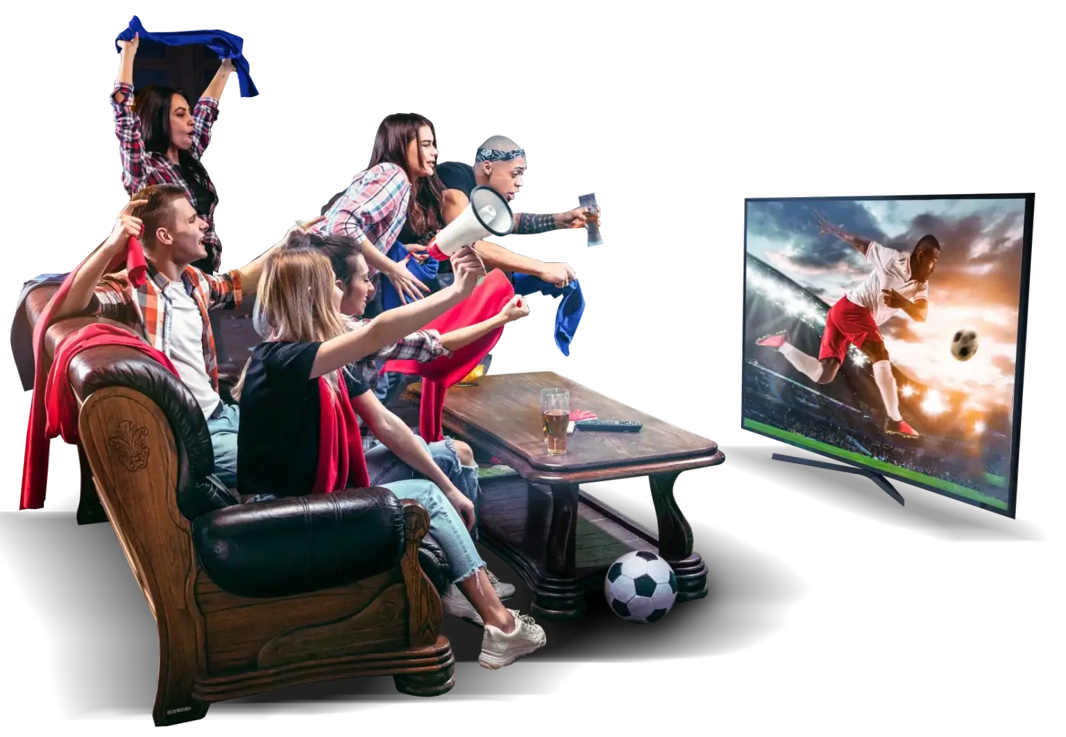 Friends celebrating while watching live football at home