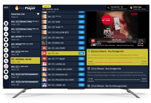 Hot Player IPTV app showing a channel list on a Smart TV
