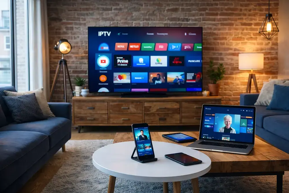 Laptop, tablet and TV in a living room all showing the same IPTV app